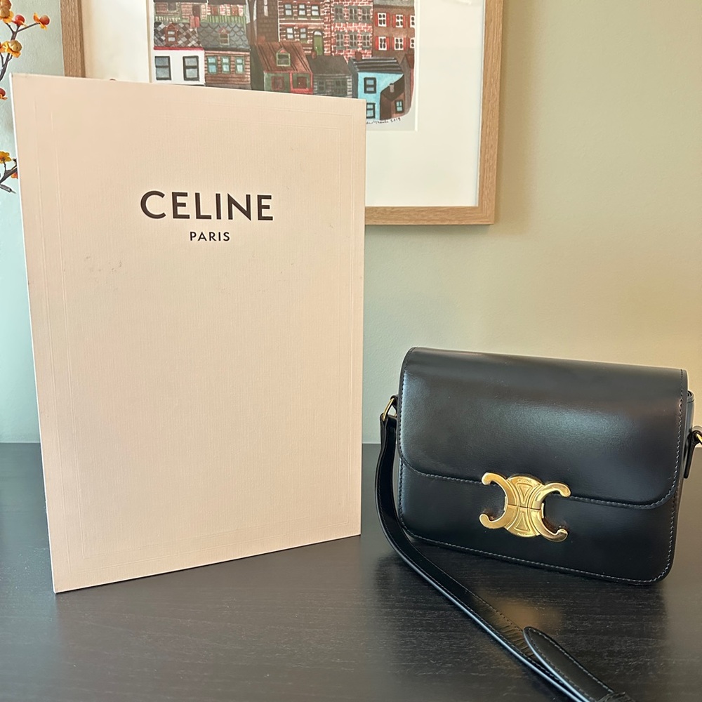 Celine Black and Gold Crossbody Bag with Signature Clasp